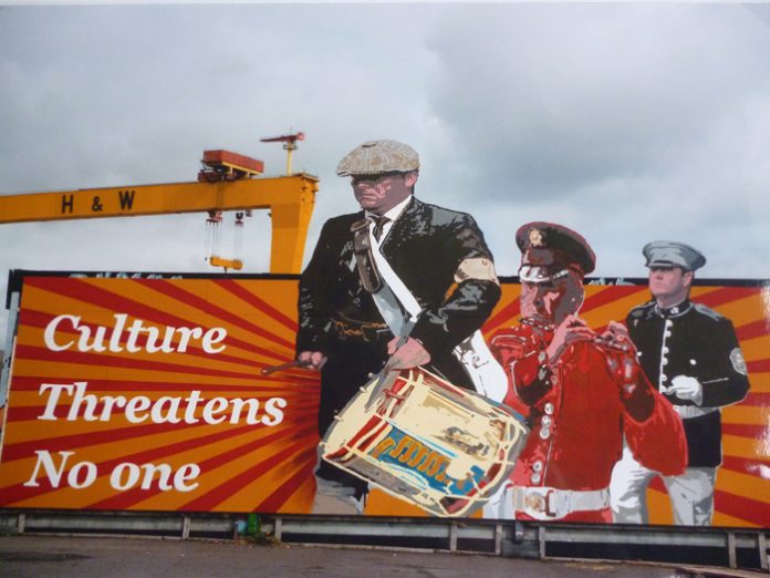 'No Threat' Loyalist mural, Culture threatens no one, Pitt Park, Newtownards Road, East Belfast, 2016. 'No Threat' Loyalist mural, Culture threatens no one, Pitt Park, Newtownards Road, East Belfast, 2016. Tony Crowley