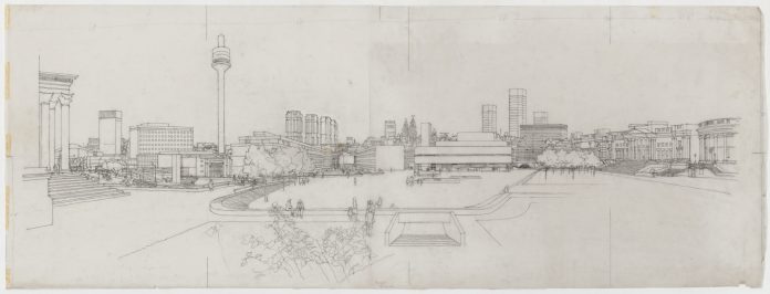 Graeme Shankland’s city centre panorama from 1963 is framed by St George’s Hall on the left and the Museum and Library on the right ©RIBA Collections