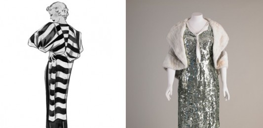 (left) Fashion illustration for George Henry Lee Co by illustrator Winifred Aileen Brown and (right) Evening dress cotton net and metallic sequins about 1935 Shoulder cape silver lame and rabbit fur 1930s National Museums Liverpool
