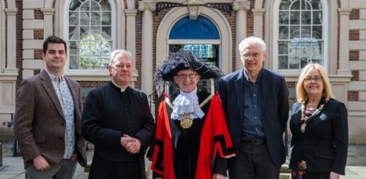 From left to right: Gavin Davenport, Project Manger for My Bluecoat, Reverend Dr Crispin Pailing, Rector of Liverpool, Councillor Tony Concepcion, Lord Mayor of Liverpool, Bryan Biggs, Artistic Director at Bluecoat and Ann Concepcion, The Lady Mayoress of Liverpool.