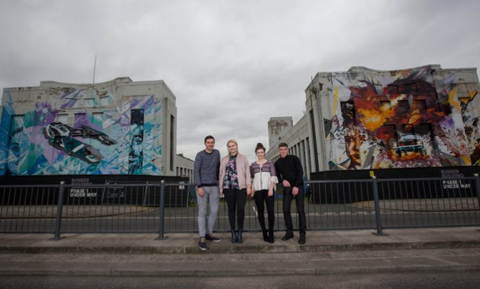 A giant piece of street art featuring Leon Rossiter, Lapsley, Katherine Rose Morley and Louis Berry and the cult game WipeOut is painted outside the Littlewoods building in Liverpool by Local artists Replete and Beta. Photo c. Fabio DePaola/PA Wire
