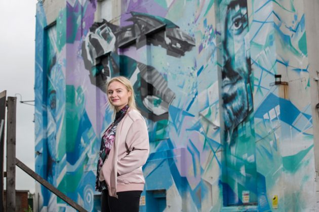 A giant piece of street art featuring Lapsley, and the cult game WipeOut is painted outside the Littlewoods building in Liverpool by Local artists Replete and Beta. Photo c. Fabio DePaola/PA Wire