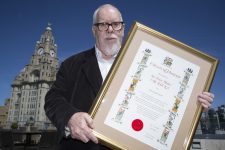 EDITORIAL USE ONLY Artist Sir Peter Blake receives the City of Liverpool Citizen of Honour award as the artist was in the city to celebrate a two-year extension of his Dazzle Ferry artwork, which was originally commissioned in 2015 by Liverpool Biennial, 14-18 NOW: WW1 Centenary Art Commissions and Tate Liverpool, and will now stay on the Mersey until 2019. PRESS ASSOCIATION Photo. Picture date: Sunday April 23, 2017.